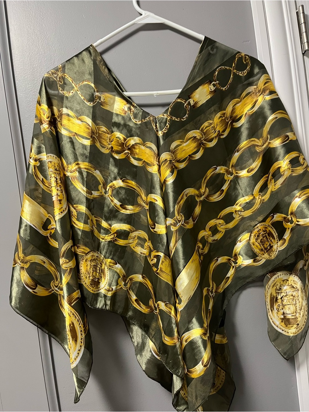 Olive Green & Gold Chain-Print Silk-Feel Scarf Wrap